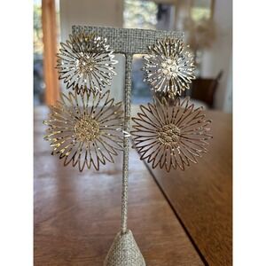 Gold Double Daisy Drop Earrings Floral Sunburst Tiered Dangle Statement Jewelry